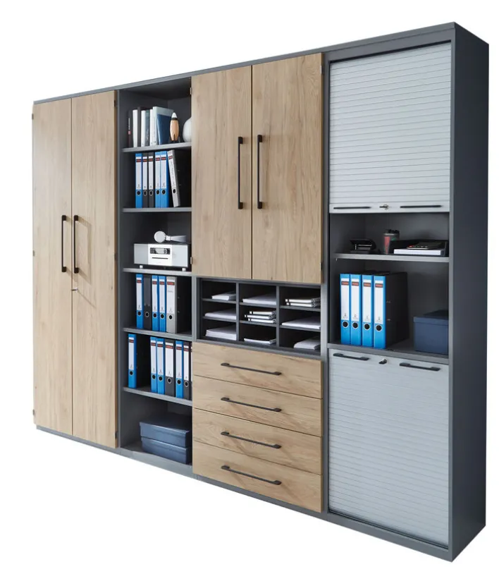 Bürowandkombination 280 x 217 cm Mittelgrau/ Hickory Eiche