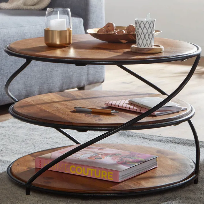 CASAVANTI Couchtisch rund 58 cm Schwarz/ Sheesham massiv