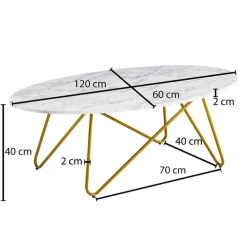 Couchtisch 120 x 60 cm Goldfarbig/ Marmor Optik Weiß
