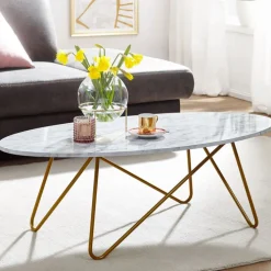 Couchtisch 120 x 60 cm Goldfarbig/ Marmor Optik Weiß