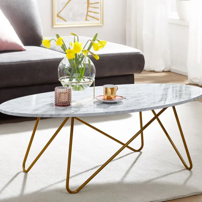 Couchtisch 120 x 60 cm Goldfarbig/ Marmor Optik Weiß