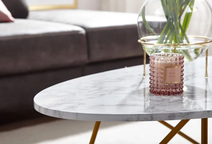 Couchtisch 120 x 60 cm Goldfarbig/ Marmor Optik Weiß