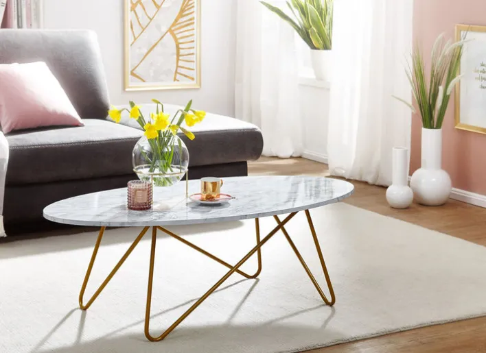 Couchtisch 120 x 60 cm Goldfarbig/ Marmor Optik Weiß