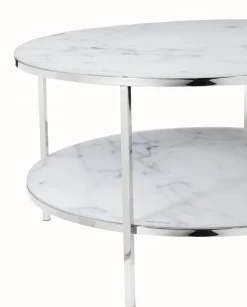 Couchtisch 80 x 80 cm rund weiß/chrom mit Ablage