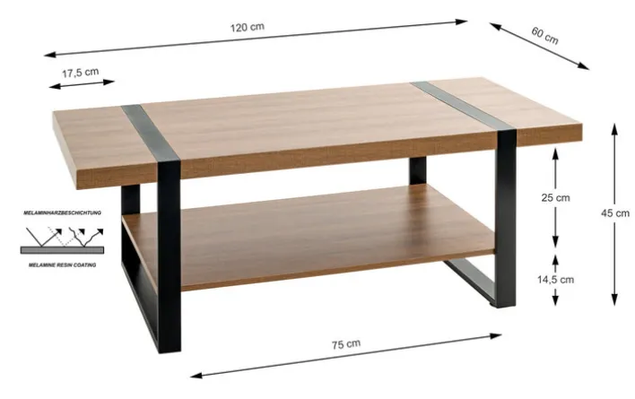 Couchtisch 120 x 60 cm Schwarz/ Eiche dunkel