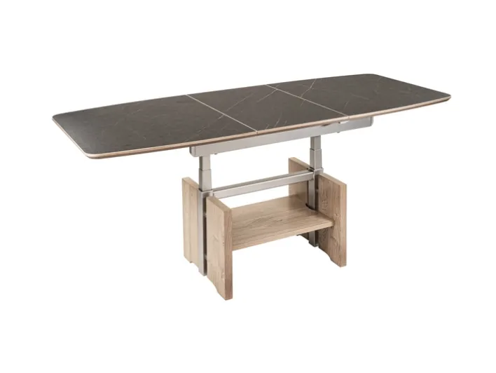 Couchtisch 120 x 70 x 54–73 cm Kunststoff / Eiche furniert Bianco lackiert braun/Marmara Nero Grau