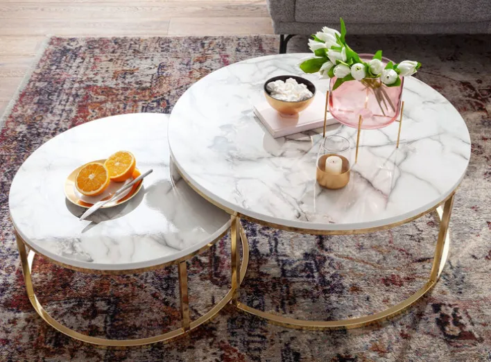 Couchtisch 2er Set Goldfarbig/ Marmor Optik Weiß