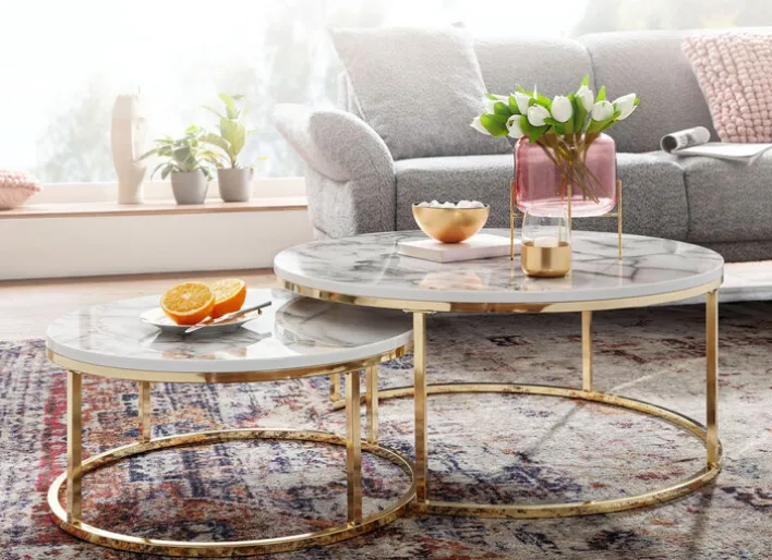 Couchtisch 2er Set Goldfarbig/ Marmor Optik Weiß