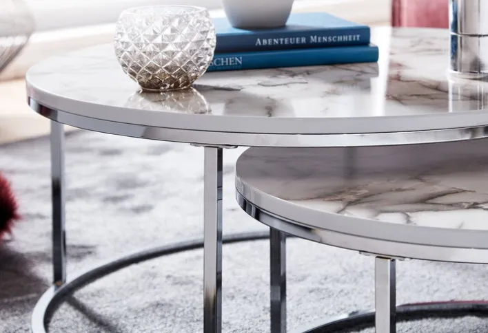 Couchtisch 2er Set Silberfarbig/ Marmor Optik Weiß