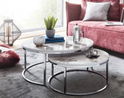 Couchtisch 2er Set Silberfarbig/ Marmor Optik Weiß