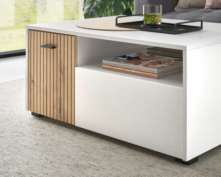 Couchtisch HUDSON 90x70 cm Weiß Matt / Evoke Eiche