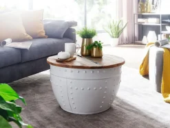 Couchtisch rund Ø 60 cm Metall Weiß/Mango massiv