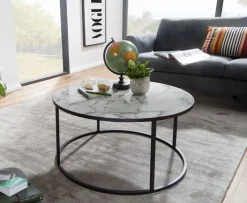 Couchtisch rund 80 cm Schwarz/ Marmor Optik Weiß