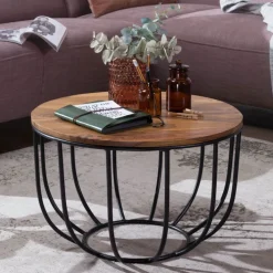 Couchtisch rund 60 x 39 cm Schwarz/ Sheesham massiv