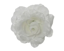 Dekoration Rose auf Clip Höhe 7cm Weiß Glitzer