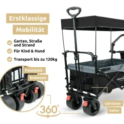 deluxe4home Bollerwagen mit Dach BEN 66 x 126 cm schwarz /grau