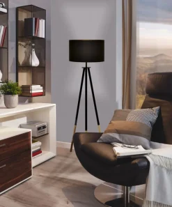 EGLO Tripod Stehlampe BIDFORD II, Holz/Metall/Textil, Höhe 154 cm Braun/Beige/Goldfarbig