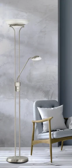 FISCHER & HONSEL Deckenfluter POOL, mit Leselampe, Metall/Glas, Höhe 182 cm Durchmesser 32 cm, matt Nickelfarbig/Alabasterfarbig