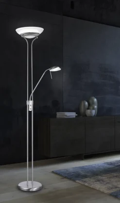 FISCHER & HONSEL Deckenfluter POOL, mit Leselampe, Metall/Glas, Höhe 182 cm Durchmesser 32 cm, matt Nickelfarbig/Alabasterfarbig