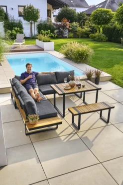 Garden FLAIR Dining Gartenlounge BASEL U 5-tlg grau /Akazie braun