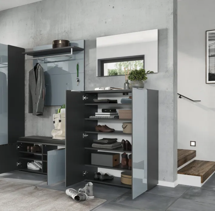 Garderobenkombination LEVIN 4-teilig 200 x 200 cm Glasfront Silbergrau/Graphit