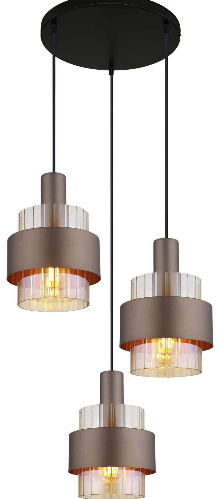 GLOBO Pendelleuchte MILLEY, höheneinstellbar 80-150 cm, Metall/Glas, E27, 3 Brennstellen, 180 W, Schutzklasse 1, IP20, Braun/Schwarz/Goldfarbig