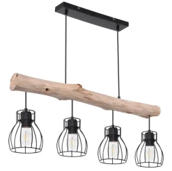 GLOBO Retrofit Balkenpendel MINA II 4-flg schwarz /Holz naturfarbig