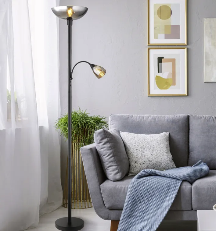 GLOBO Retrofit Deckenfluter mit Leselampe BLADE schwarz /Rauchglas