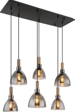 GLOBO Retrofit LED Balkenpendel MATTEA 6-flg schwarz /Holzdekor