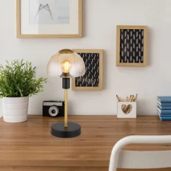 GLOBO Retrofit Tischlampe KOKKINI schwarz-goldfarbig /amber