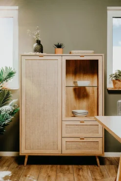 Highboard BALI 101,4 x 139 cm Sonoma Eiche/ Rafia Geflecht