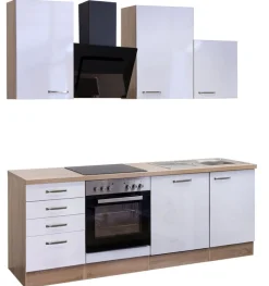 Küchenblock VALERO Hochglanz weiß / Sonoma Eiche mit E-Geräten schwarz