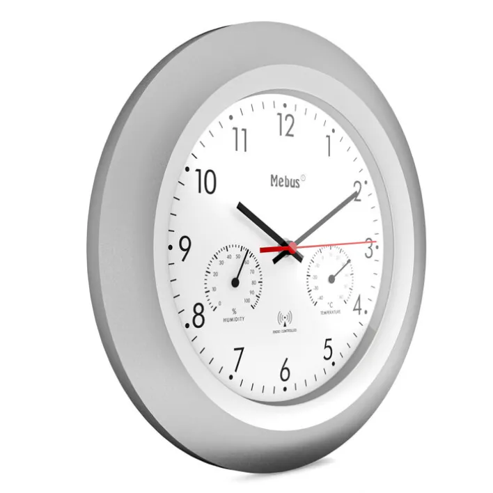 Mebus Funk-Wanduhr mit Thermo- und Hygrometer 30 cm silberfarbig