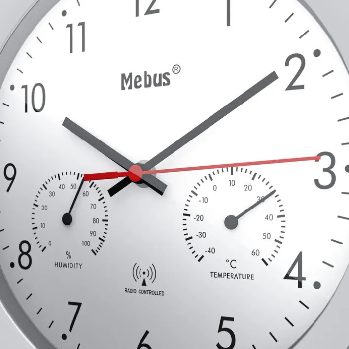 Mebus Funk-Wanduhr mit Thermo- und Hygrometer 30 cm silberfarbig