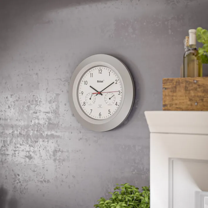 Mebus Funk-Wanduhr mit Thermo- und Hygrometer 30 cm silberfarbig