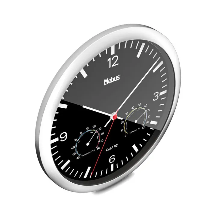 Mebus Quarz-Wanduhr mit Thermo- und Hygrometer 25 cm schwarz