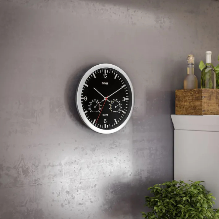Mebus Quarz-Wanduhr mit Thermo- und Hygrometer 25 cm schwarz