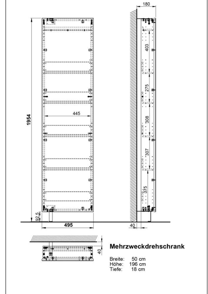 Mehrzweckschrank drehbar 50 x 195 cm Spiegelfront/weiß