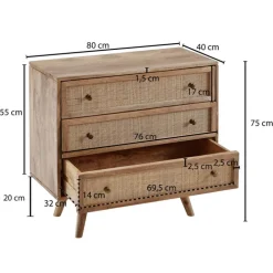 Sideboard 80 x 75 cm Mango massiv und Rattan
