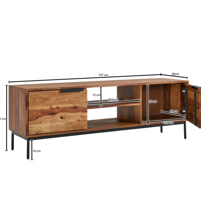 TV-Lowboard 147 x 51 cm Schwarz/ Sheesham massiv